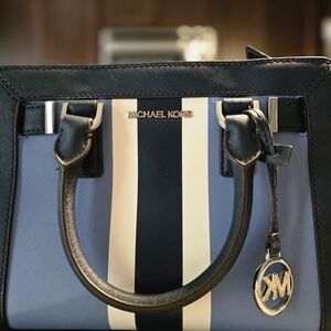 Michael Kors Striped Saffiano Leather Satchel in Navy, Light Blue & White